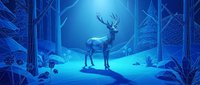 Majestic deer silhouette standing in mystical blue winter forest with glowing moonlight creating magical atmosphere for fantasy storytelling and nature themes.
