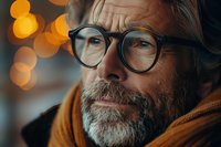 Close up portrait of mature bearded man wearing glasses and orange scarf against blurred bokeh lights background, contemplative expression and natural lighting.