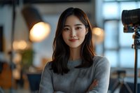 Young Asian woman in gray sweater smiling confidently at camera in modern office setting with soft bokeh lighting and professional photography equipment.