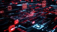 Futuristic digital network with glowing red icons and circuit paths on dark background illustrates modern technology and data communication systems.