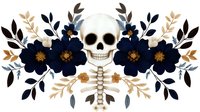 Decorative skull with navy blue flowers and golden accents in symmetrical floral arrangement on white background, isolated design element for gothic style projects.