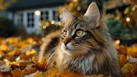 Fluffy tabby cat with green eyes sitting among golden autumn leaves with warm bokeh lights creating cozy seasonal atmosphere for pet and holiday content.