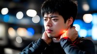 Young Asian man massaging neck pain with red inflammation highlight, wearing black sweater against blurred city lights bokeh background at night.