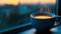 Steaming coffee cup against blurred sunset window view, dark blue ceramic mug with hot beverage creating cozy atmosphere during golden hour.