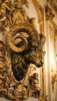 Ornate golden ram head sculpture with elaborate acanthus leaf details and decorative molding, featuring intricate baroque-style architectural embellishments suitable for luxury interior design and classical decor projects.