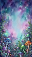 Watercolor galaxy background with whimsical mushroom and botanical border elements, featuring purple, pink, teal, and gold tones with glowing stars and sparkles for fantasy, mystical, and magical design projects.