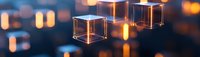 Glowing orange neon cubes floating in dark space with bokeh lights background create futuristic technological atmosphere for business and innovation concepts.