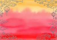 Gradient watercolor background with golden ornamental clouds and red lanterns, suitable for Asian-inspired designs, greeting cards, and cultural celebrations.