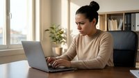 Woman of South Asian descent, mid-30s, wearing casual beige sweater, focused on laptop work at wooden desk in bright home office with window, potted plant, and bookshelf.