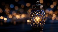 Glowing decorative lantern with intricate blue mosaic pattern casting warm light against dark background with soft bokeh lights creating magical ambiance.