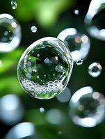 Floating soap bubble with tiny bubbles inside against blurred green nature background, capturing magical moment of transparency and light reflections in macro photography.