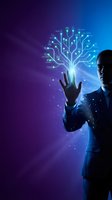 Businessman silhouette reaching toward glowing digital tree with circuit board branches and tech icons on purple blue gradient background for innovation concepts.