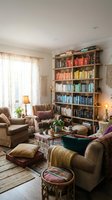 Cozy living room interior with floor-to-ceiling bookshelf displaying colorful books, comfortable seating, warm lighting and bohemian decor elements.