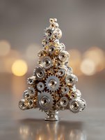Miniature Christmas tree made from silver and gold metal gears and cogs against blurred bokeh background, representing industrial holiday decor.