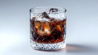 Crystal rocks glass filled with dark cola and ice cubes on a light gray background, perfect for beverage menus and bar promotions.