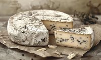 Artisanal blue cheese wheel with cut wedge showing creamy interior and characteristic blue-gray mold veining, served on rustic brown paper. Perfect for food styling.