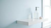 Minimalist bathroom shelf with clear glass soap dispenser and natural stone, bright natural light from window, clean modern interior design aesthetic.