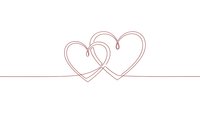 Two intertwined heart shapes in elegant rose gold line art style on clean white background, symbolizing love, romance and connection for wedding invitations.
