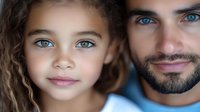 Close up portrait of father and daughter with striking blue eyes and gentle smiles, showing family bond and genetic inheritance in warm lighting against dark background.