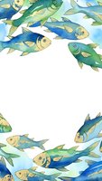 Watercolor fish swimming in blue and green tones creating decorative border frame on white background for marine themed designs and aquatic projects.