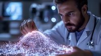 Caucasian male doctor in white coat examining glowing pink particles in dark laboratory setting, demonstrating advanced medical research and innovation in healthcare.