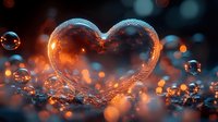 Glowing heart shape formed by water drops with orange and blue bokeh lights creating romantic atmosphere against dark background.