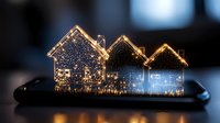Glowing miniature houses with sparkles on smartphone screen creating magical holiday atmosphere, blurred dark background with bokeh lights and reflections.