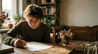 Young Caucasian male teenager with curly hair writing at wooden desk in cozy home study room with books and plants creating warm academic atmosphere.