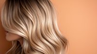 Blonde wavy hair with highlights and balayage technique shown in profile against peach background, demonstrating professional hairstyling and coloring result.