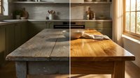 Kitchen island makeover transformation showing weathered wood surface restored to polished natural finish in modern home interior.