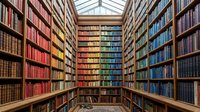 Narrow library aisle with tall wooden shelves filled with colorful books arranged by color spectrum from red to blue, featuring glass skylight ceiling and wooden flooring for educational and interior design use.