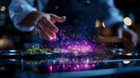 Magical glowing purple dust particles floating between hands in dark setting with reflective surface and bokeh lights, creating mystical atmospheric effect.