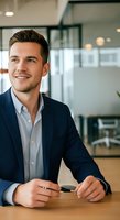 Young Caucasian male professional in navy blazer and light blue shirt sitting at wooden desk in modern office, holding smartphone, smiling at camera in corporate workplace setting.