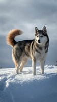 Siberian husky dog standing on snowy hill against cloudy winter sky, showcasing thick fur coat and alert expression in cold weather outdoor setting.