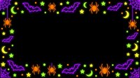 Neon Halloween border frame with glowing purple bats, orange spiders, yellow stars and moons on black background, isolated and ready for design use.