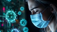 Young caucasian woman wearing protective medical face mask against virus cells floating in dark background. Healthcare and virus protection concept.
