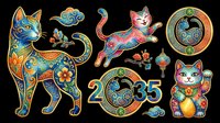 Colorful decorative Asian-inspired cat illustrations with ornamental patterns, isolated on transparent background. Ready for t-shirt design, clipart, stickers, sublimation, and print-on-demand projects.