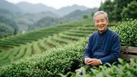 Senior Asian male farmer sitting among tea plants in terraced plantation field, wearing blue jacket, agricultural landscape background.