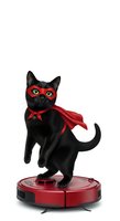 Black cat wearing red superhero mask and cape standing on red robotic vacuum cleaner against white background, isolated for design use.