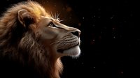 Majestic male lion profile against dark starry background, glowing golden mane illuminated dramatically, powerful wild animal portrait showing strength and nobility.