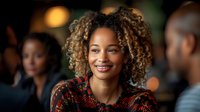 Young African American woman with curly blonde hair smiling warmly during business meeting or social gathering. Perfect for diversity, workplace inclusion, and professional networking content.
