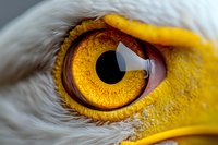 Extreme close-up of golden eagle eye with vibrant yellow iris, detailed pupil and textured eyelid showing wildlife predator vision.