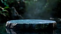 Natural stone platform podium with moss texture in mystical forest setting with atmospheric mist and green foliage for product display and presentation.