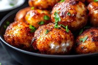 Juicy chicken meatballs glazed with sweet and spicy sauce, garnished with fresh herbs on black plate, close up view of homemade appetizer or main dish.