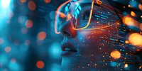 Futuristic profile portrait with neon glasses reflecting digital data streams and orange light particles against blue bokeh background, perfect for tech and AI concepts.