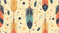 Decorative feather pattern with navy blue, coral pink and golden yellow plumes on beige background with scattered dots. Seamless repeat for fabric and paper.