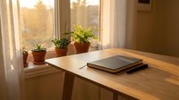 Cozy home office workspace with wooden desk, laptop, notebook and small potted plants on sunny windowsill creating productive work from home environment.
