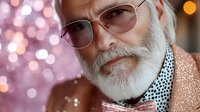 Senior Caucasian man with white beard and glasses wearing polka dot shirt and bow tie against blurred festive bokeh lights background, elegant holiday portrait.