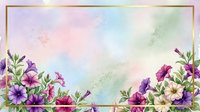 Watercolor floral frame with purple pink flowers and green leaves on pastel rainbow background. Decorative border for invitations, cards, scrapbooking projects.