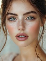 Close up portrait of young woman with freckles, green eyes, and natural makeup wearing nude lipstick. Soft beauty photography with gentle lighting.